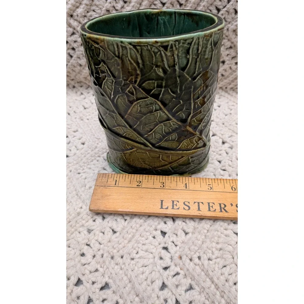 Studio Pottery Green Leaf Relief Vase Handcrafted Ceramic Nature Vessel 5.5